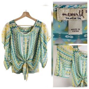One World Womens S Sheer Cropped Top Green- Short Kimono Sleeve- Tie Front Boho
